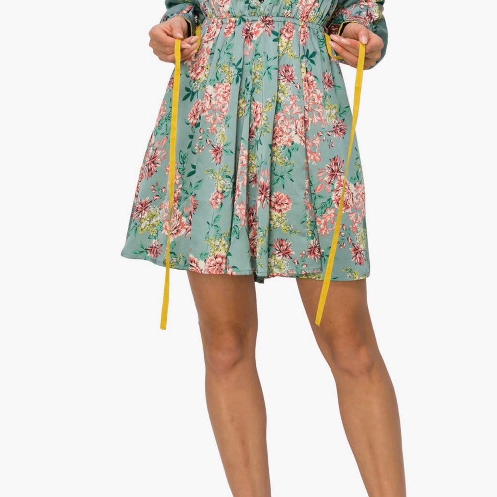 MELLODAY Floral Smocked Mini Dress in Sage Green with Pink Blooms